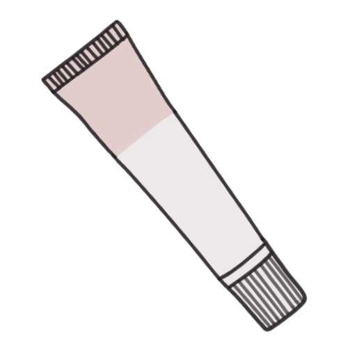 a drawing of a small tapered squeeze tube with a screw-off cap. the top third of it is pastel pink, and the rest of it is white. 